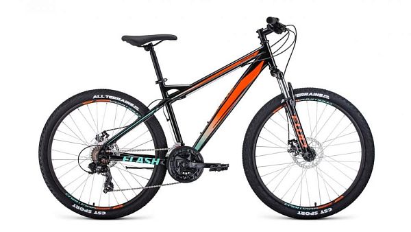 Велосипед горный FORWARD FLASH 26 2.2 disc 26" 17" 21 ск. черный/оранжевый RBKW1M16G038 2021