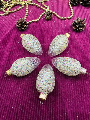 Елочные игрушки Шишки 5 шт прозрачный микс 7 см, стекло  // шишки MIX/TRTx5