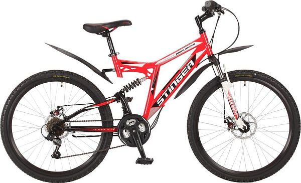 Велосипед горный двухподвес Stinger Highlander 100D 26" 16" 18 ск. красный 26SFD.HILAND1D.16RD7 