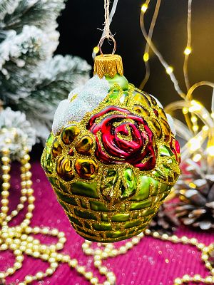 Елочная игрушка Корзина с цветами зеленый 8 см, стекло  // корзина с цветами GREEN