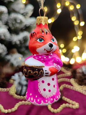 Елочная игрушка Лисичка розовый 10 см, стекло  // лисичка PINK