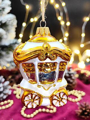 Елочная игрушка Карета золото 9 см, стекло  // карета